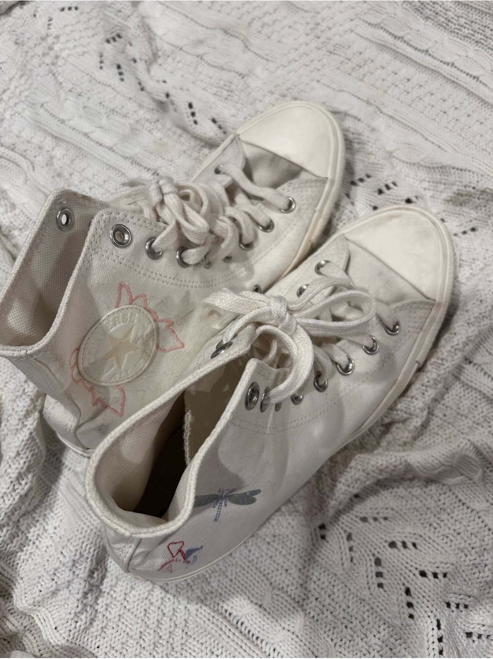 Converse White High-Top Canvas Sneakers with Dragonfly and Mushroom Fairy Accent